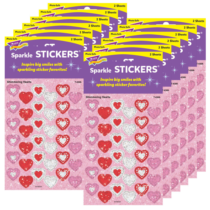 TREND ENTERPRISES INC. TREND Shimmering Hearts Sparkle Stickers®, 72 Per Pack, 12 Packs