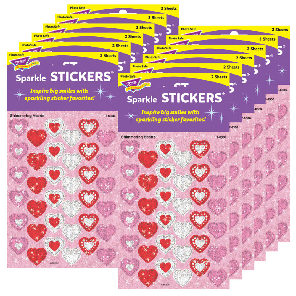 TREND ENTERPRISES INC. TREND Shimmering Hearts Sparkle Stickers®, 72 Per Pack, 12 Packs