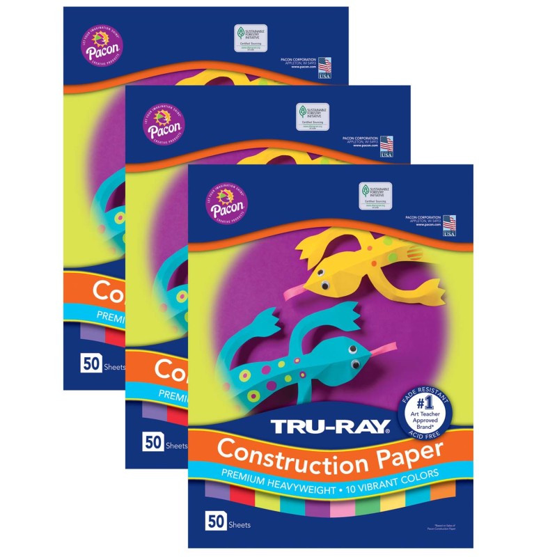 DIXON TICONDEROGA CO Tru-Ray® Construction Paper, Heavyweight, Vibrant Assortment, 10 Vibrant Colors, 12" x 18", 50 Sheets Per Pack, 3 Packs