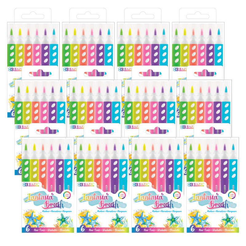 BAZIC PRODUCTS BAZIC Products® Brush Markers, Fluorescent Colors, 6 Per Pack, 12 Packs
