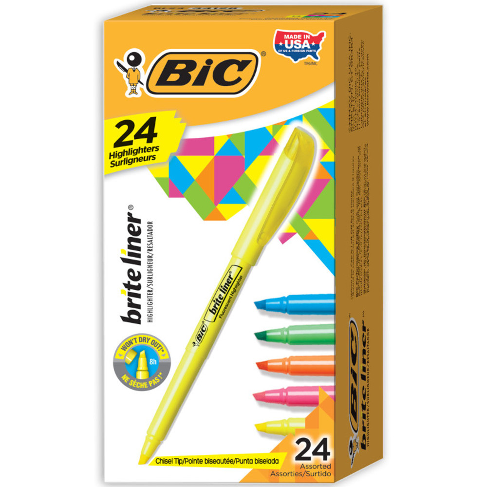 BIC USA INC BIC® Brite Liner Highlighters Markers, Chisel Tip Super Bright Fluorescent Highlighters Assorted Colors, Won't Dry Out, 24-Count Pack