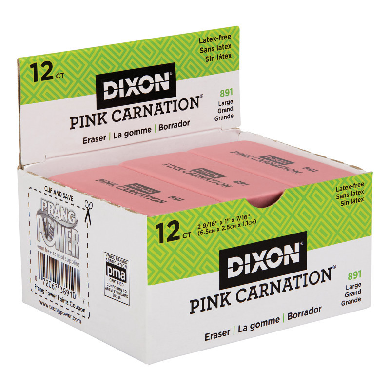 DIXON TICONDEROGA CO Dixon® Pink Carnation Erasers, Large, 2-9/16 x 1 x 7/16, Pack of 12