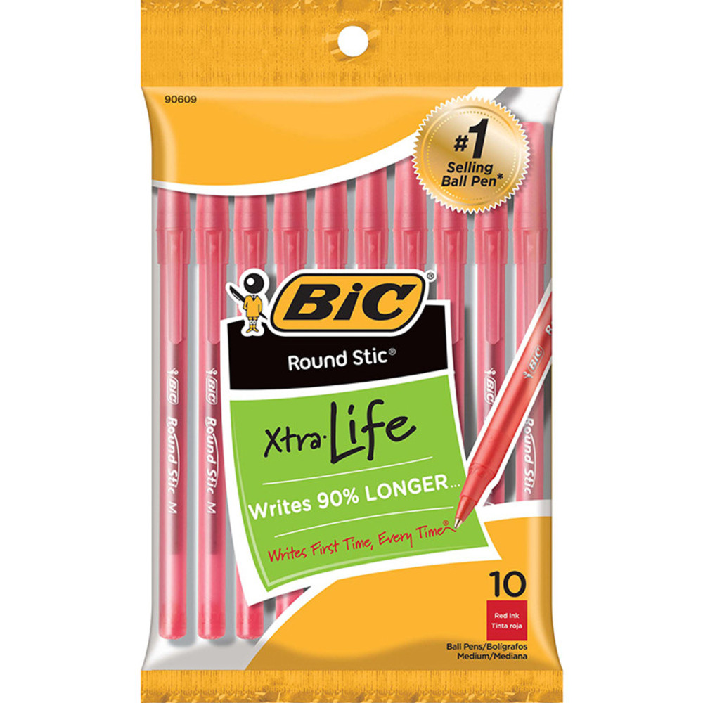 BIC USA INC BIC® Round Stic® Xtra Life Ballpoint Pen, Medium Point (1.0mm), Red, Pack of 10