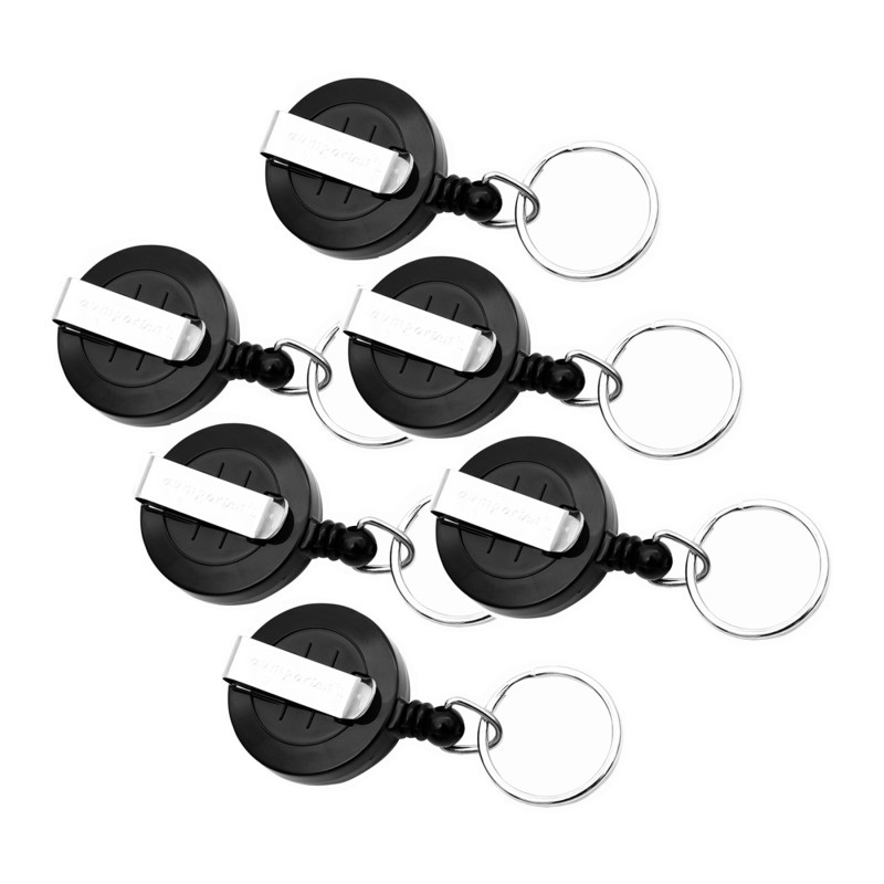 BAUMGARTENS INC SICURIX Standard Round ID Badge Reel with Belt Clip & Key Ring, Black, Pack of 6