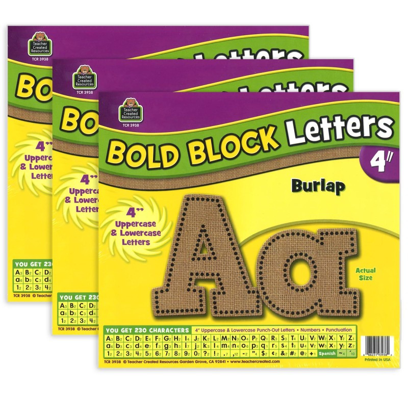 TEACHER CREATED RESOURCES Teacher Created Resources® Burlap Design Bold Block 4" Letters Combo Pack, 230 Characters Per Pack, 3 Packs