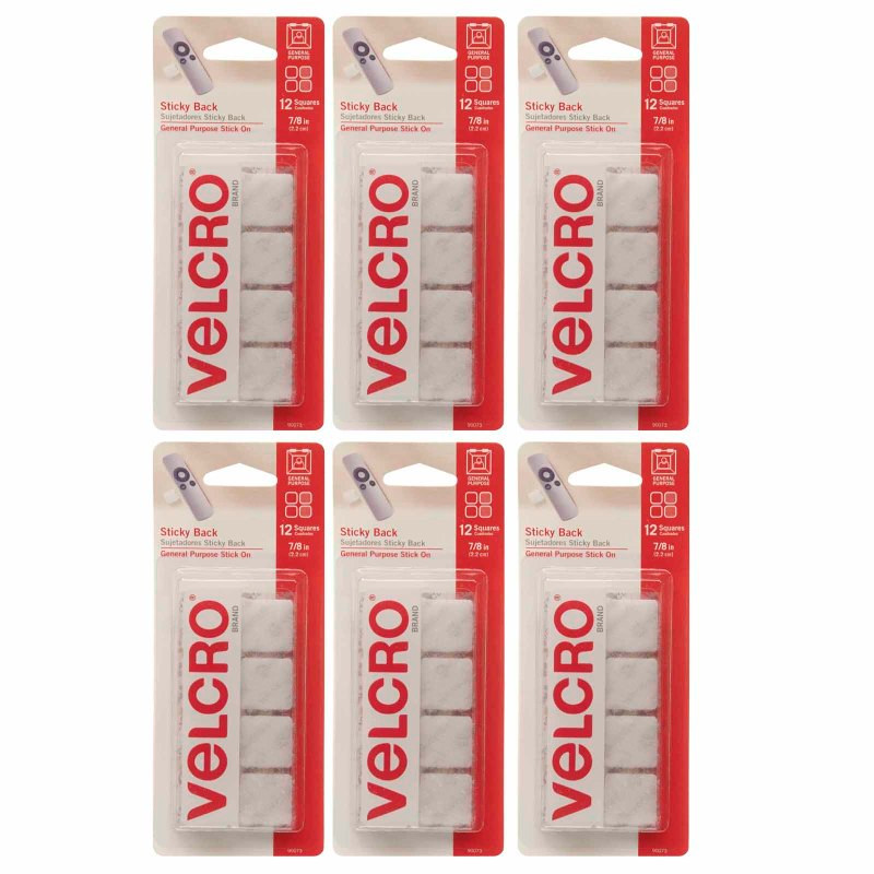 VELCRO USA VELCRO® Sticky Back™ Square Fasteners, 7/8", White, 12 Per Pack, 6 Packs