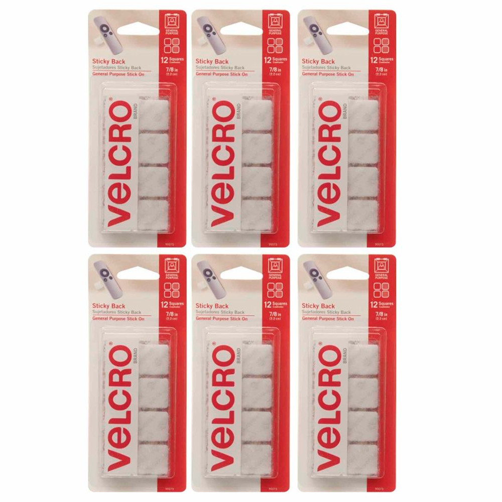 VELCRO USA VELCRO® Sticky Back™ Square Fasteners, 7/8", White, 12 Per Pack, 6 Packs