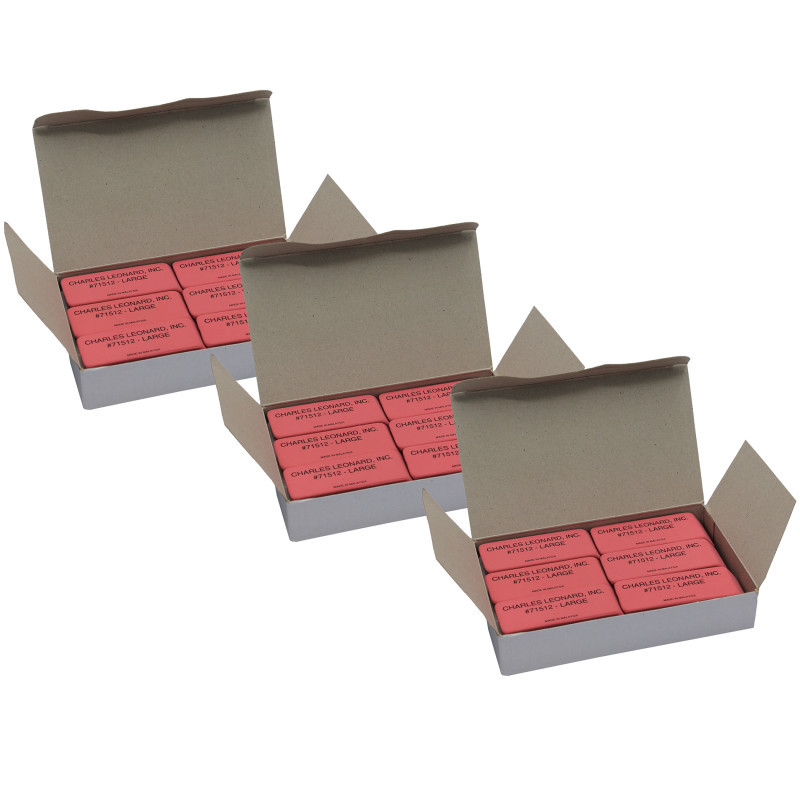 ADVANTUS Charles Leonard Large Natural Rubber Pink Wedge Erasers, 12 Per Box, 3 Boxes