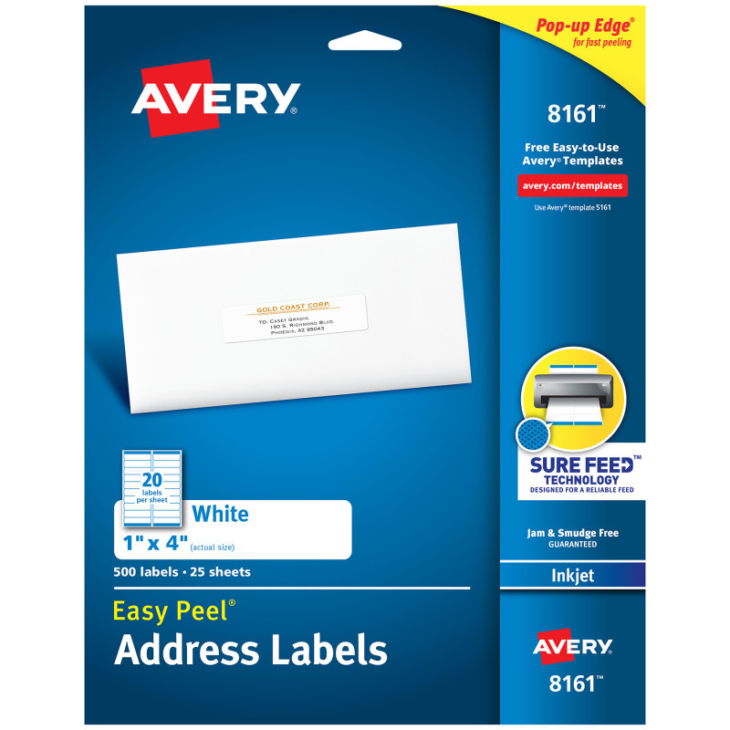 AVERY PRODUCTS CORP Avery® Easy Peel® Address Labels, Sure Feed™ Technology, Permanent Adhesive, 1" x 4", 500 Labels