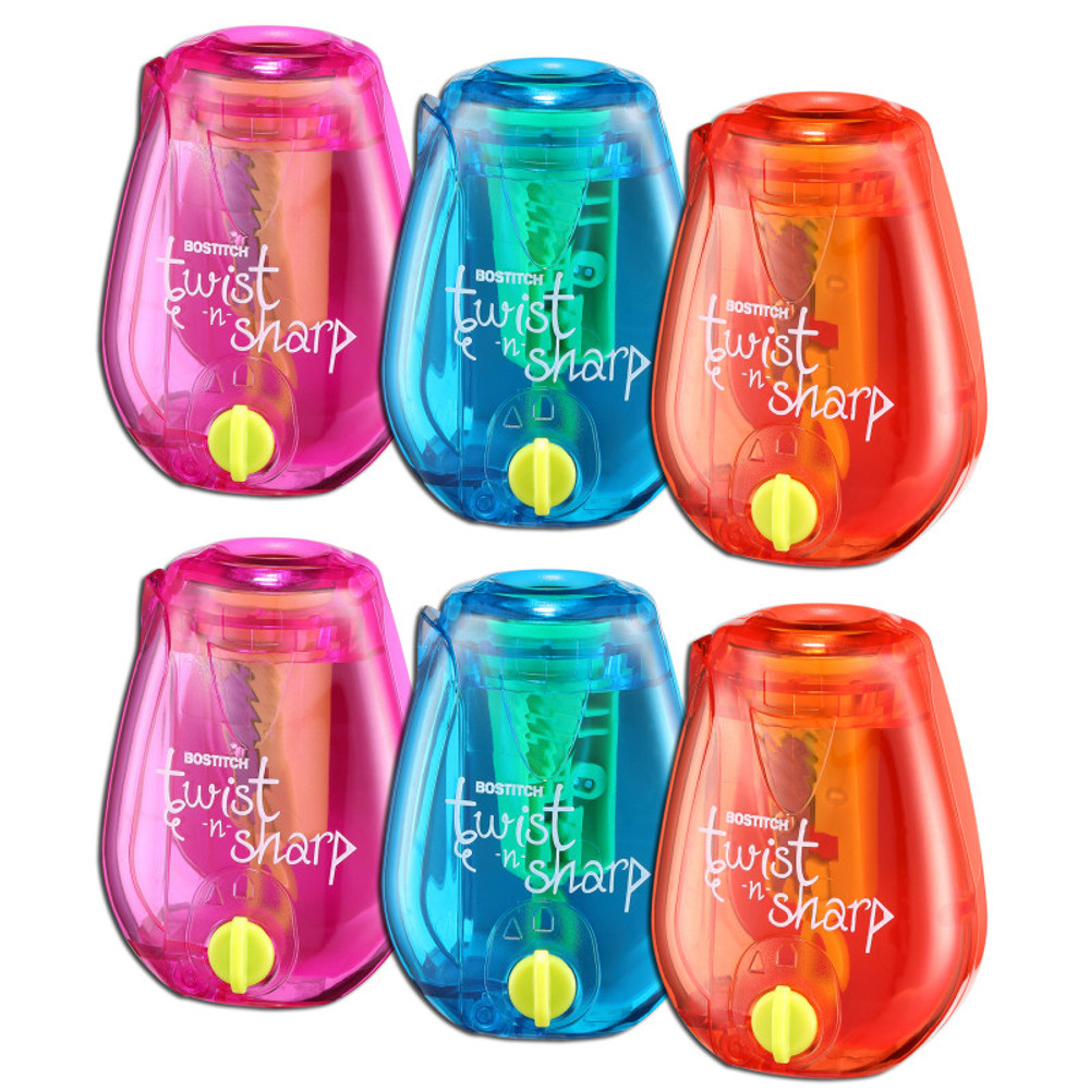 AMAX Bostitch Twist-n-Sharp™ Kids Pencil Sharpener, Assorted Colors, Pack of 6