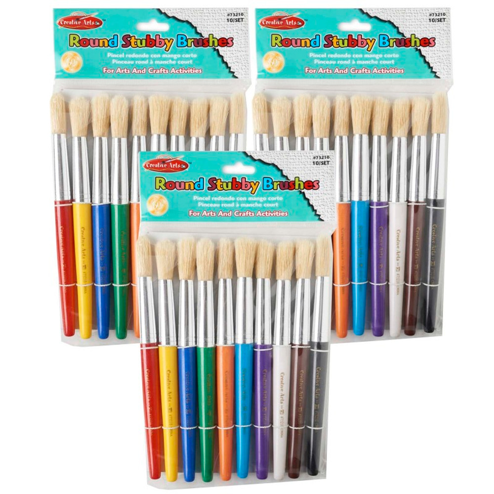 ADVANTUS Charles Leonard Creative Arts Stubby Round Brushes, Assorted Colors, 10 Per Pack, 3 Packs