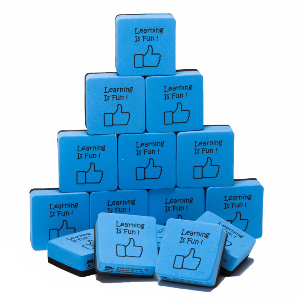 ADVANTUS Charles Leonard Whiteboard Erasers, Felt and Foam, Learning is Fun Style, 2 x 2", Blue/Black, Pack of 15 ADVANTUS Charles Leonard Whiteboard Erasers, Felt and Foam, Learning is Fun Style, 2 x 2", Blue/Black, Pack of 15