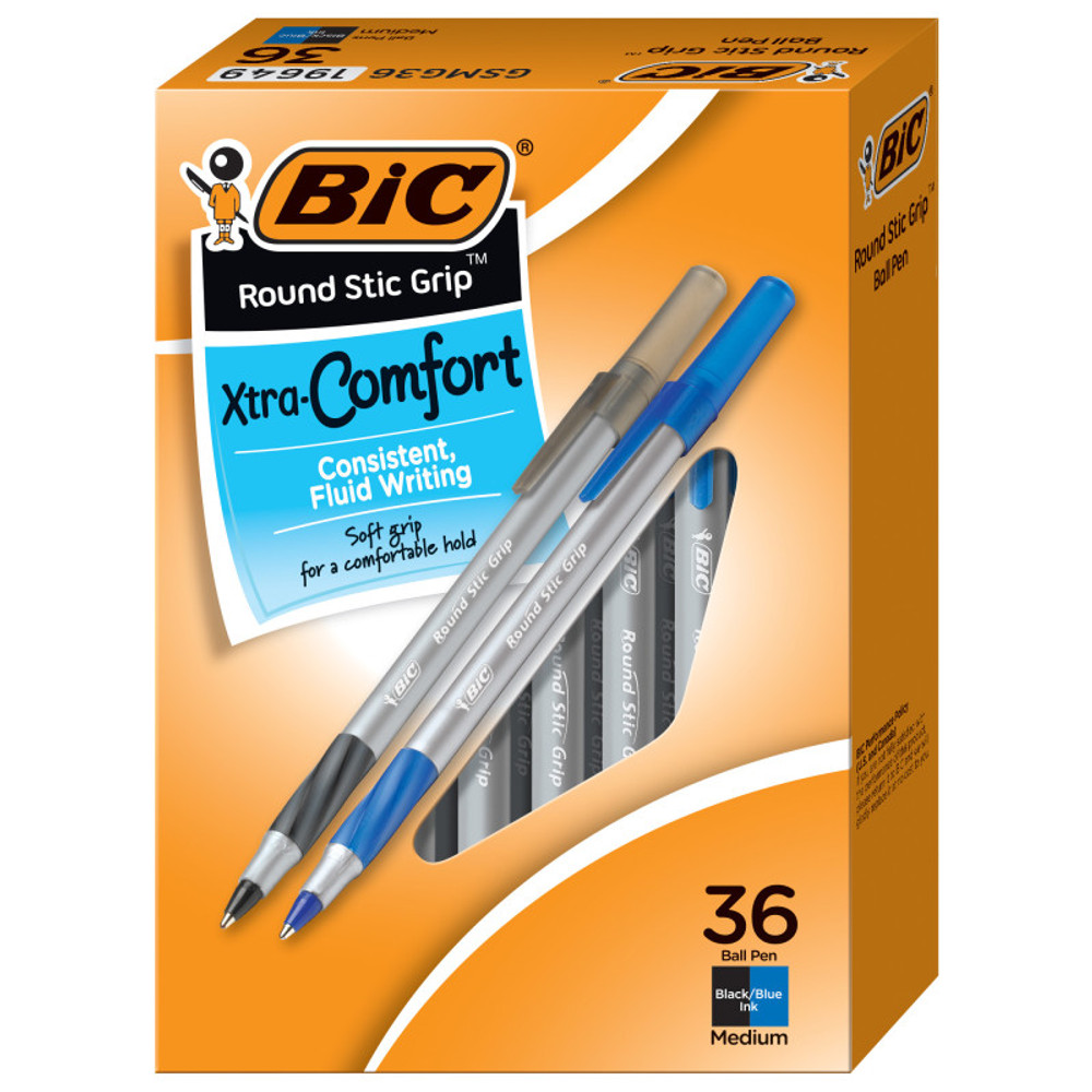BIC USA INC BIC® Round Stic Grip Xtra Comfort Ballpoint Pens, Medium Point (1.2mm), Assorted Colors, 36-Count Pack, Assorted Pens for Office Supplies