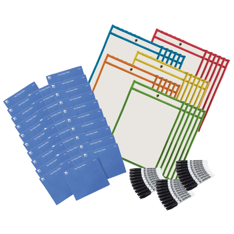 ADVANTUS Charles Leonard Dry Erase Pocket Class Pack, Dry Erase Pockets, Dry Erase Cloths and Dry Erase Markers, Pocket Style w/Bullet Tip, Black, 90 Pieces