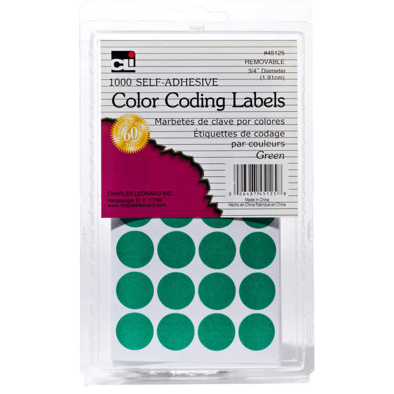 ADVANTUS Charles Leonard Color Coding Dots, Self-Adhesive Labels, 0.75 Inch Diameter, Green, 1000-Count