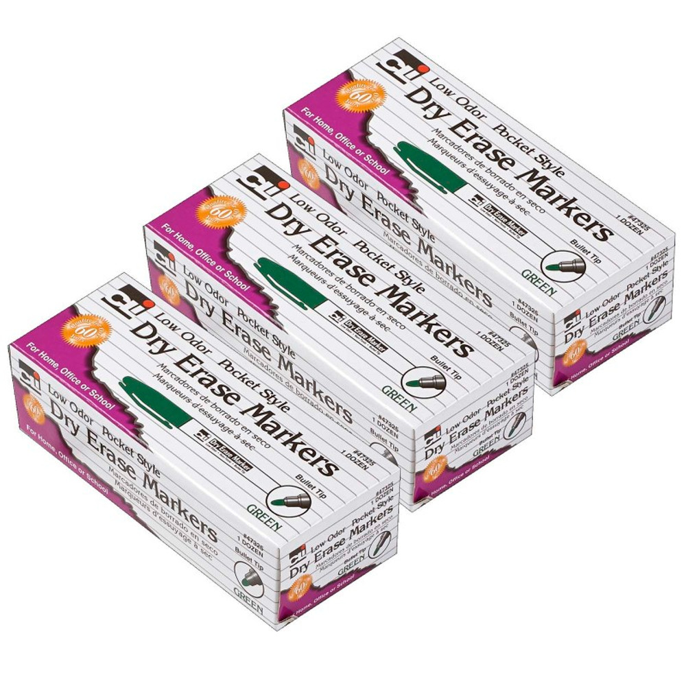 ADVANTUS Charles Leonard Dry Erase Markers, Low Odor, Pocket Style, Bullet Tip, Green, 12 Per Box, 3 Boxes
