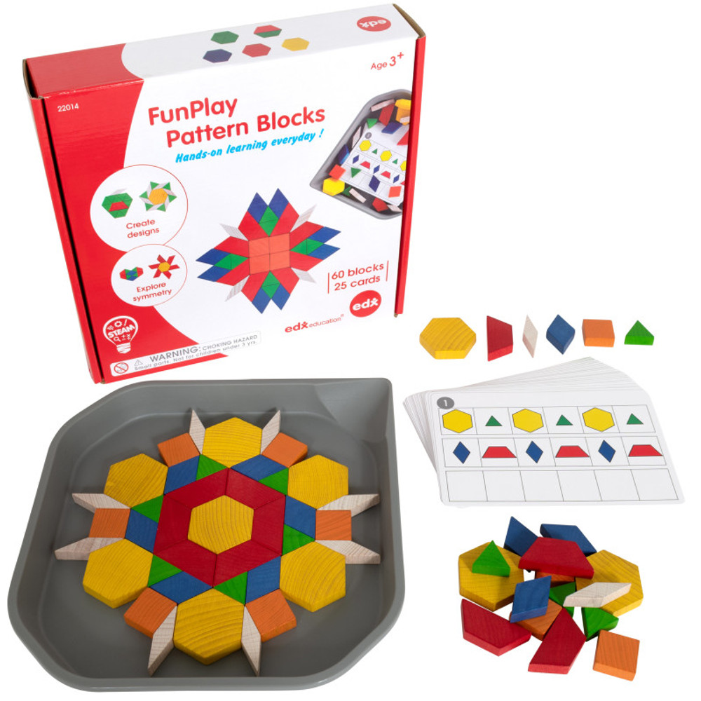 LEARNING ADVANTAGE edxeducation® FunPlay Pattern Blocks - Set of 60 Wooden Math Manipulatives + 50 Activities + Messy Tray