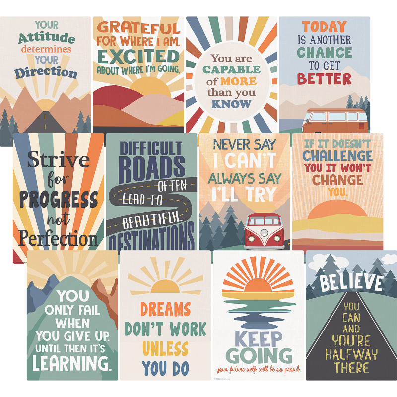 TEACHER CREATED RESOURCES Teacher Created Resources® Moving Mountains Road Trip Positive Sayings Small Poster Pack, 11" x 15-3/4", Pack of 12