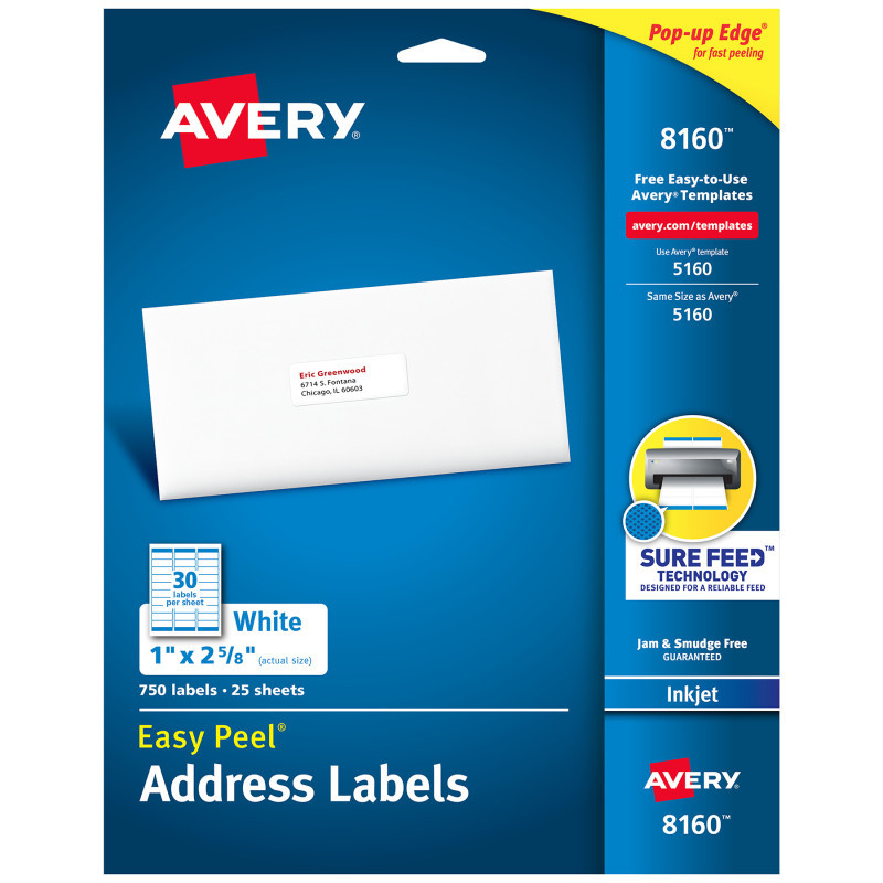 AVERY PRODUCTS CORP Avery® Easy Peel® Address Labels, Sure Feed™ Technology, Permanent Adhesive, 1" x 2-5/8", 750 Labels