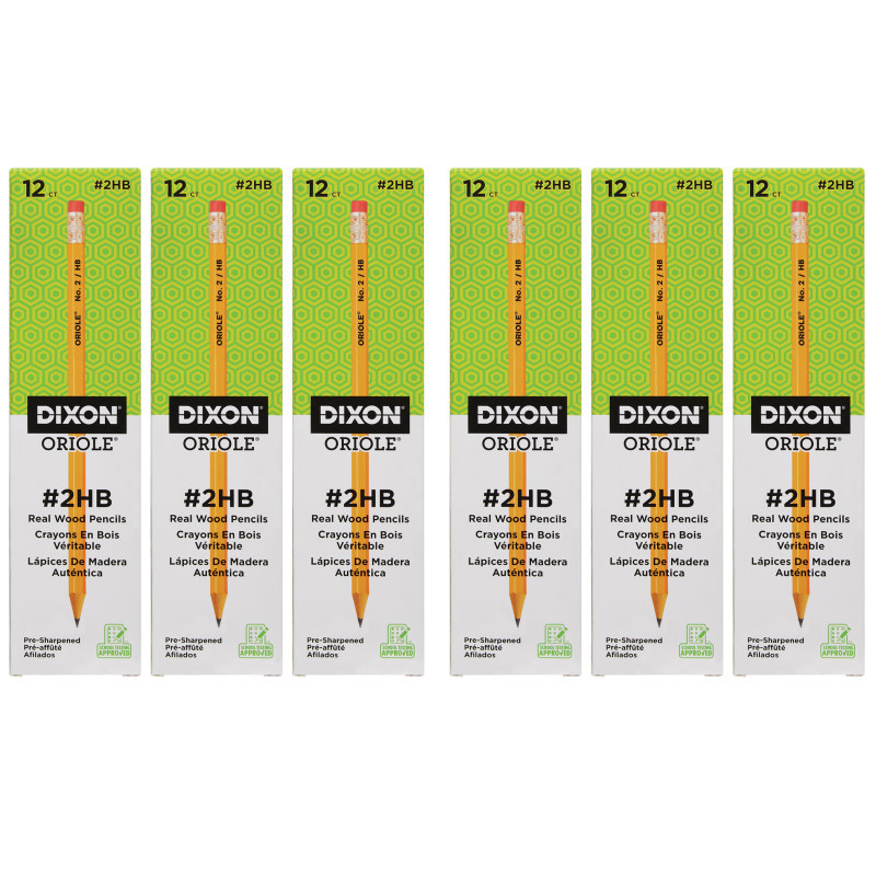 DIXON TICONDEROGA CO Dixon® Oriole® Wood-Cased Pencils, #2 HB Soft, Pre-Sharpened, Yellow, 12 Per Pack, 6 Packs