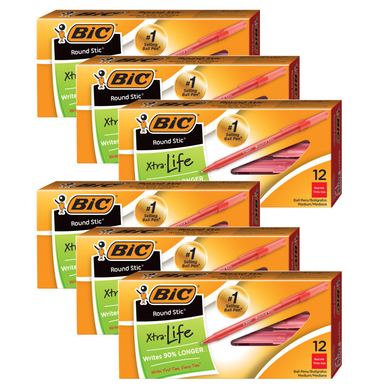 BIC USA INC BIC® Round Stic® Pen, Medium Point, Red, 12 Per Pack, 6 Packs
