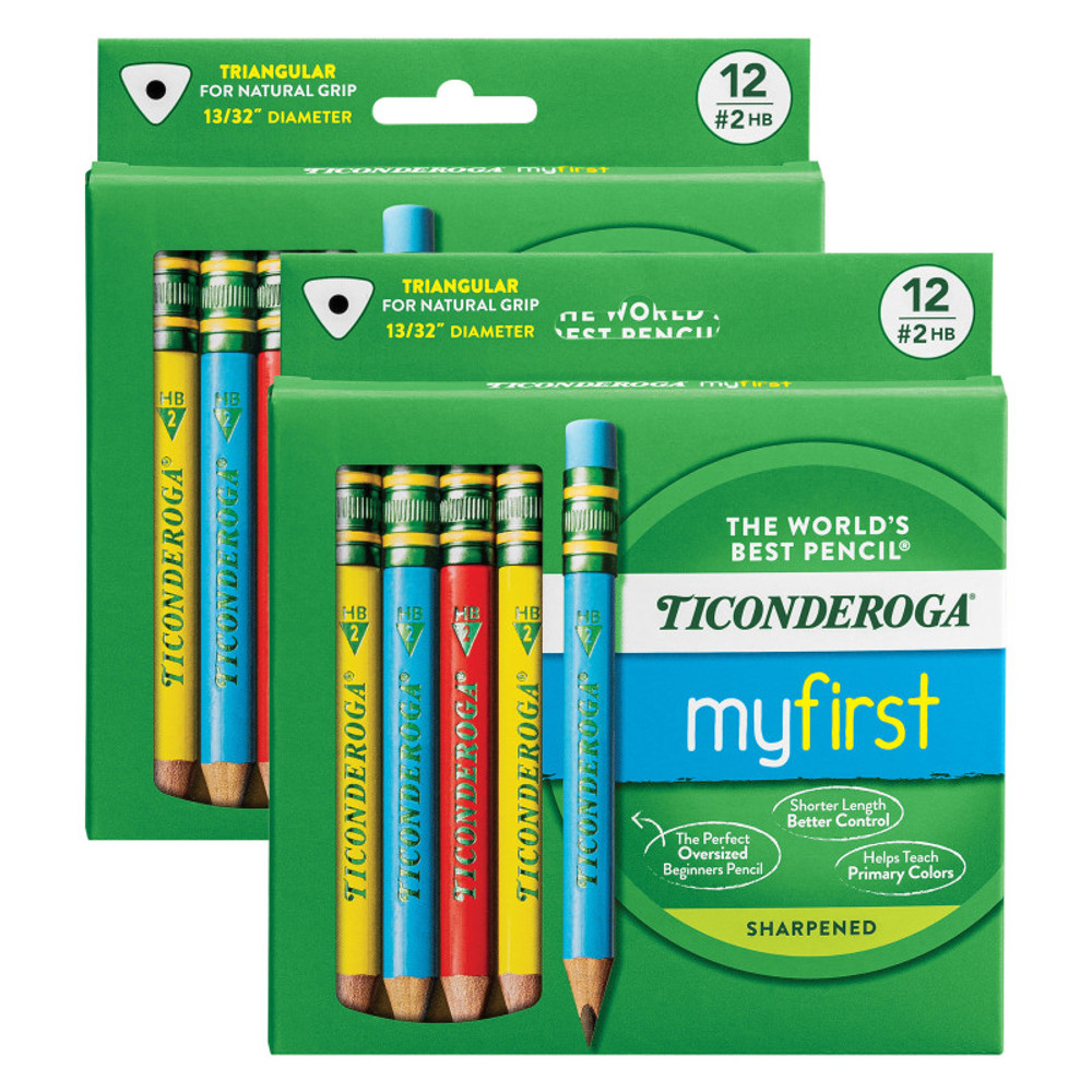 DIXON TICONDEROGA CO Ticonderoga® My First® Short Wooden Pencils, Large Triangle Barrel, Sharpened, #2 HB Soft, With Eraser, Primary Colors, 12 Per Pack, 2 Packs