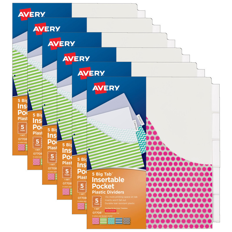 AVERY PRODUCTS CORP Avery® Big Tab™ Insertable Plastic Dividers with Pockets, 5-Tab Set, Assorted Designs, 6 Sets