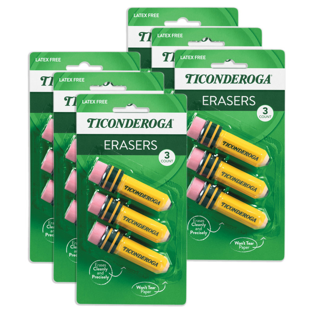 DIXON TICONDEROGA CO Ticonderoga® Erasers, Pencil Shaped, Yellow, 3 Per Pack, 6 Packs