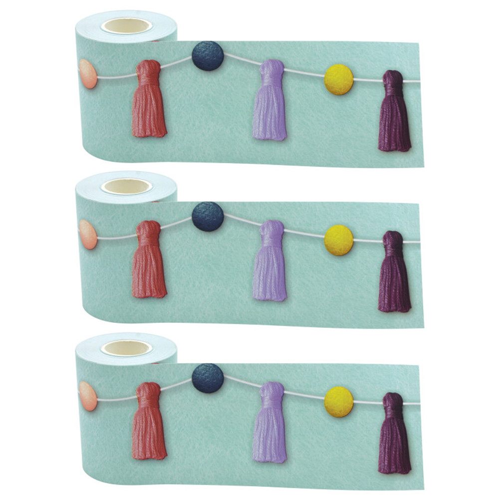 TEACHER CREATED RESOURCES Teacher Created Resources® Oh Happy Day Pom-Poms and Tassels Straight Rolled Border Trim, 50 Feet Per Roll, Pack of 3