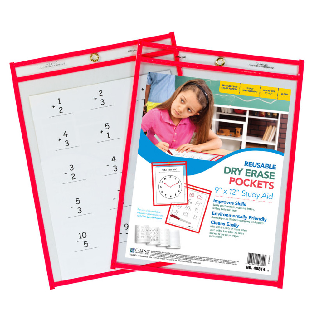 C-LINE PRODUCTS INC C-Line® Reusable Dry Erase Pocket, Red Neon, 9" x 12", 1 Pocket