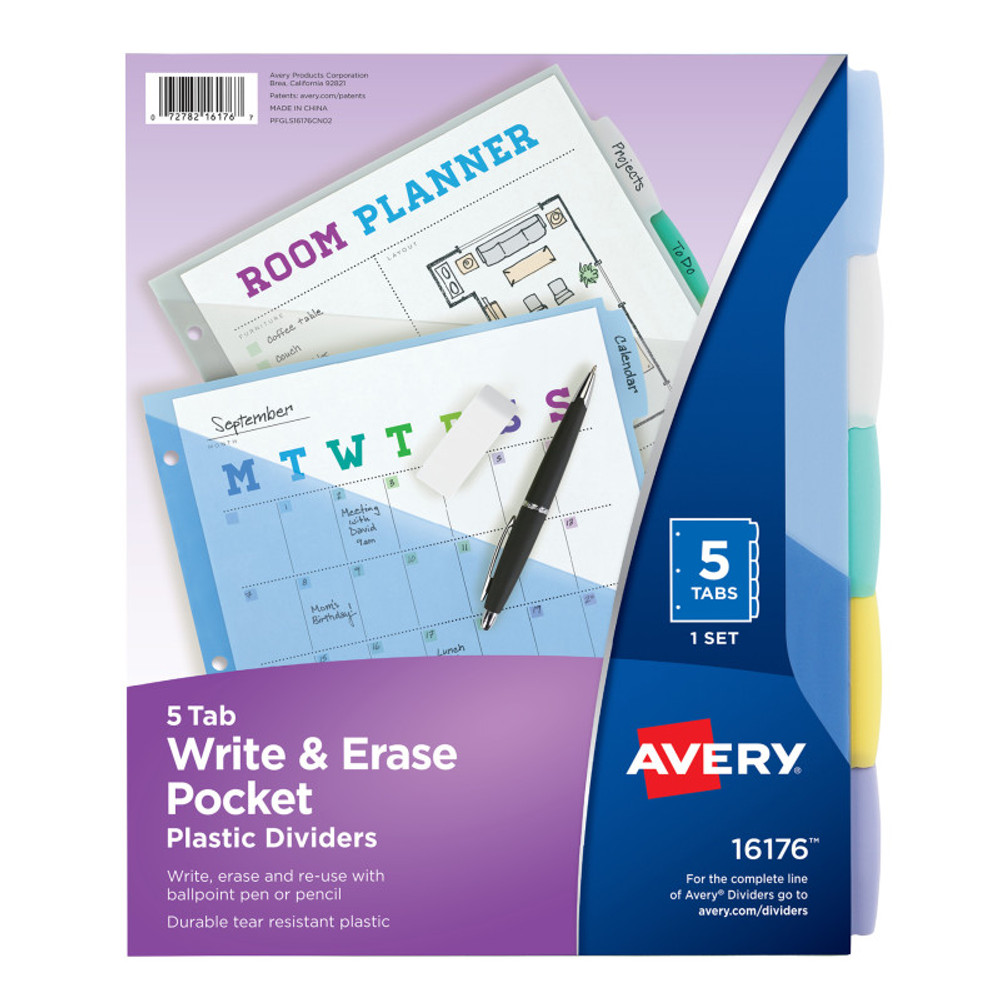 AVERY PRODUCTS CORP Avery® Write & Erase Durable Plastic Dividers with Pockets, 5-Tab Set, Multicolor