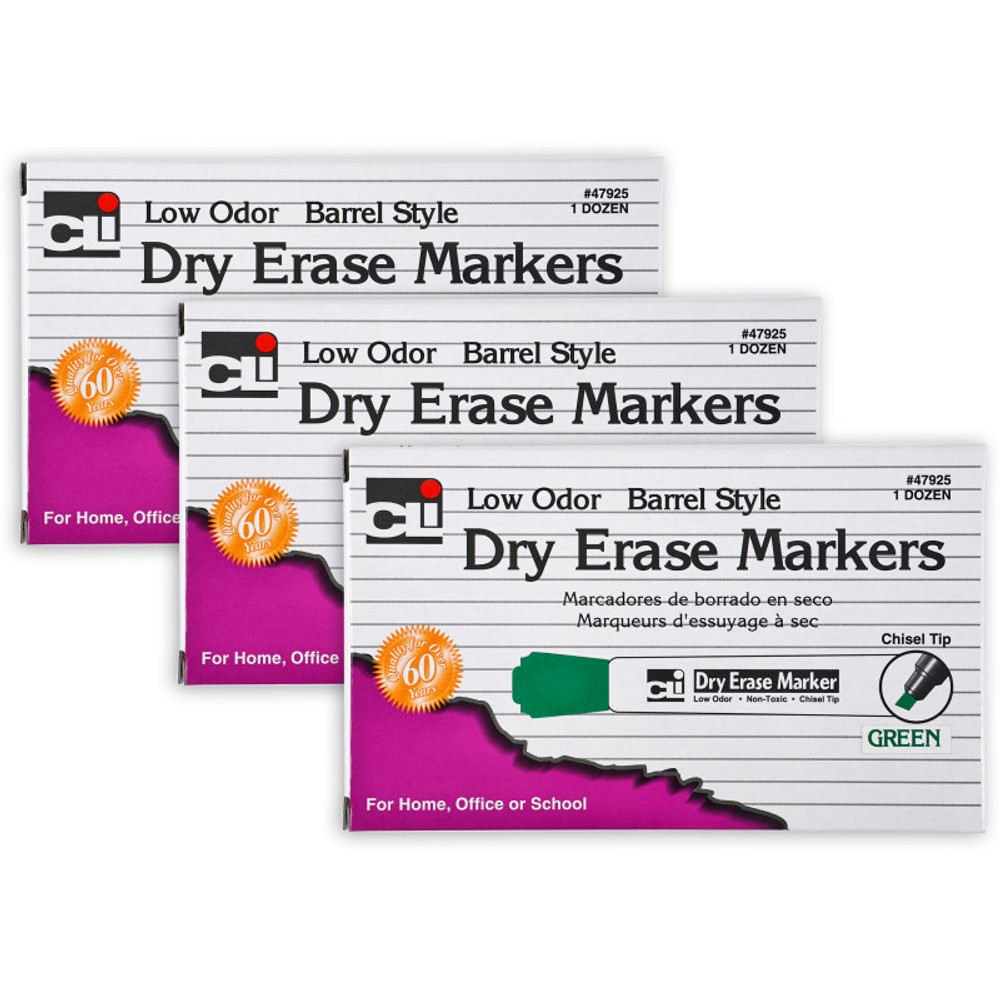 ADVANTUS Charles Leonard Dry Erase Markers, Barrel Style, Chisel Tip, Green, 12 Per Box, 3 Boxes