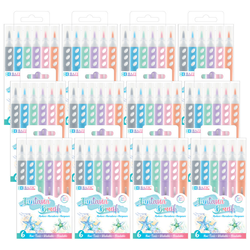 BAZIC PRODUCTS BAZIC Products® Brush Markers, Pastel Colors, 6 Per Pack, 12 Packs