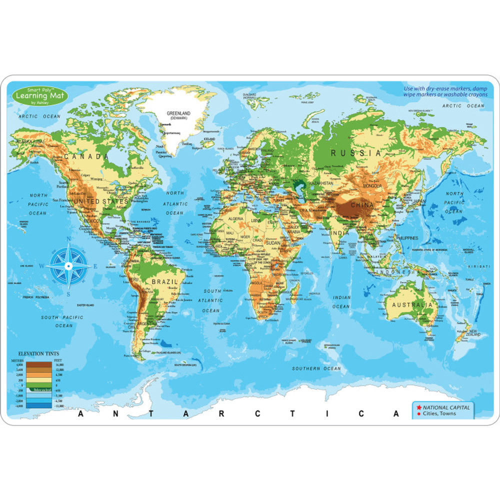 ASHLEY PRODUCTIONS Ashley Productions® Smart Poly™ Learning Mat, 12" x 17", Double-Sided, World Physical Map