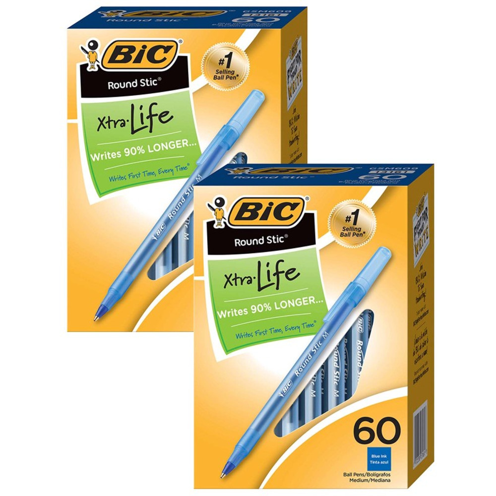 BIC USA INC BIC® Round Stic® Xtra Life Ball Pen, Blue, 60 Per Pack, 2 Packs