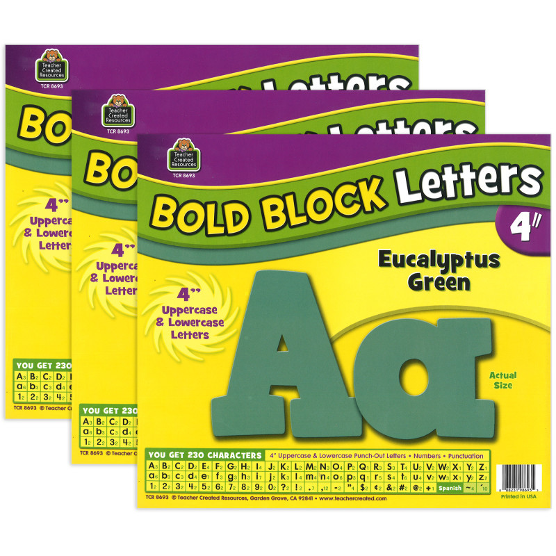 TEACHER CREATED RESOURCES Teacher Created Resources® Eucalyptus Green 4" Bold Block Letters Combo, 230 Pack Per Pack, 3 Packs