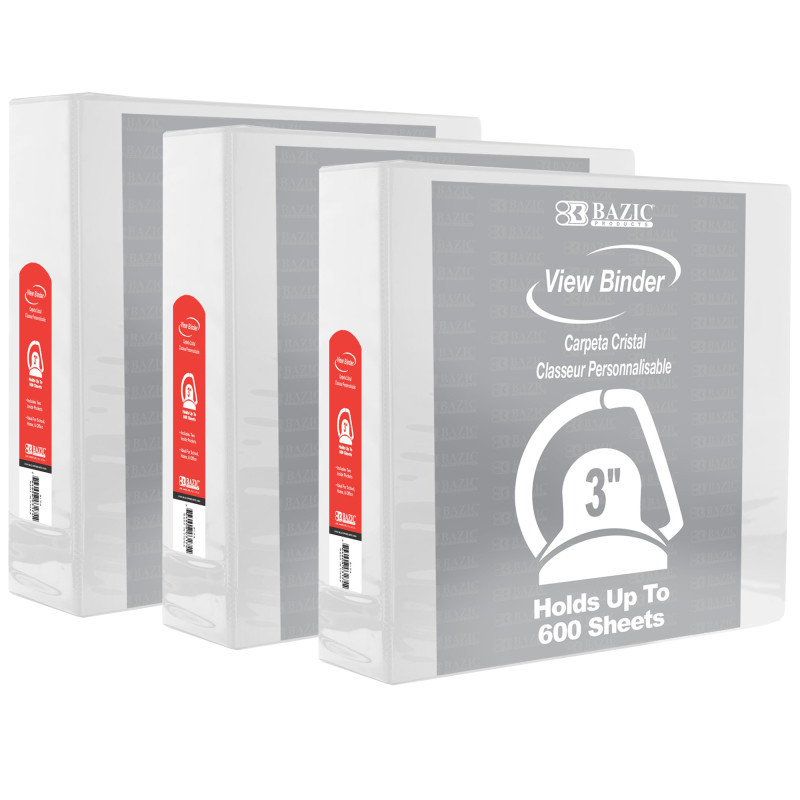 BAZIC PRODUCTS BAZIC Products® Slant D Ring View Binder with 2 Pockets, 3", White, Pack of 3