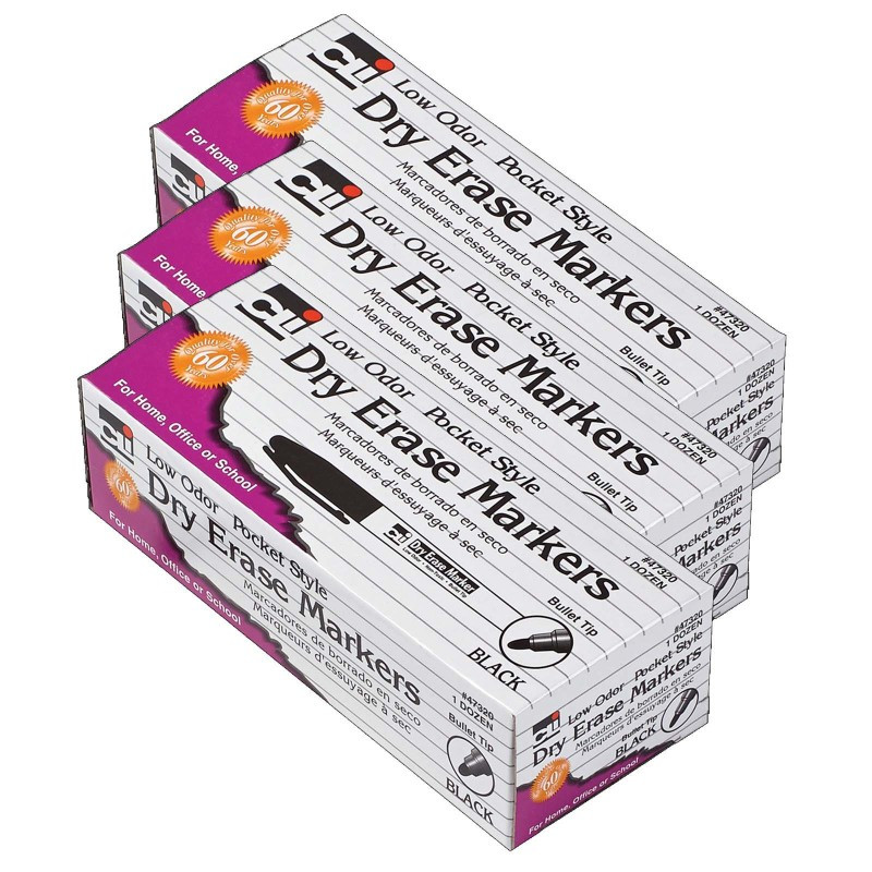 ADVANTUS Charles Leonard Dry Erase Markers, Pocket Style, Bullet Tip, Black, 12 Per Pack, 3 Packs
