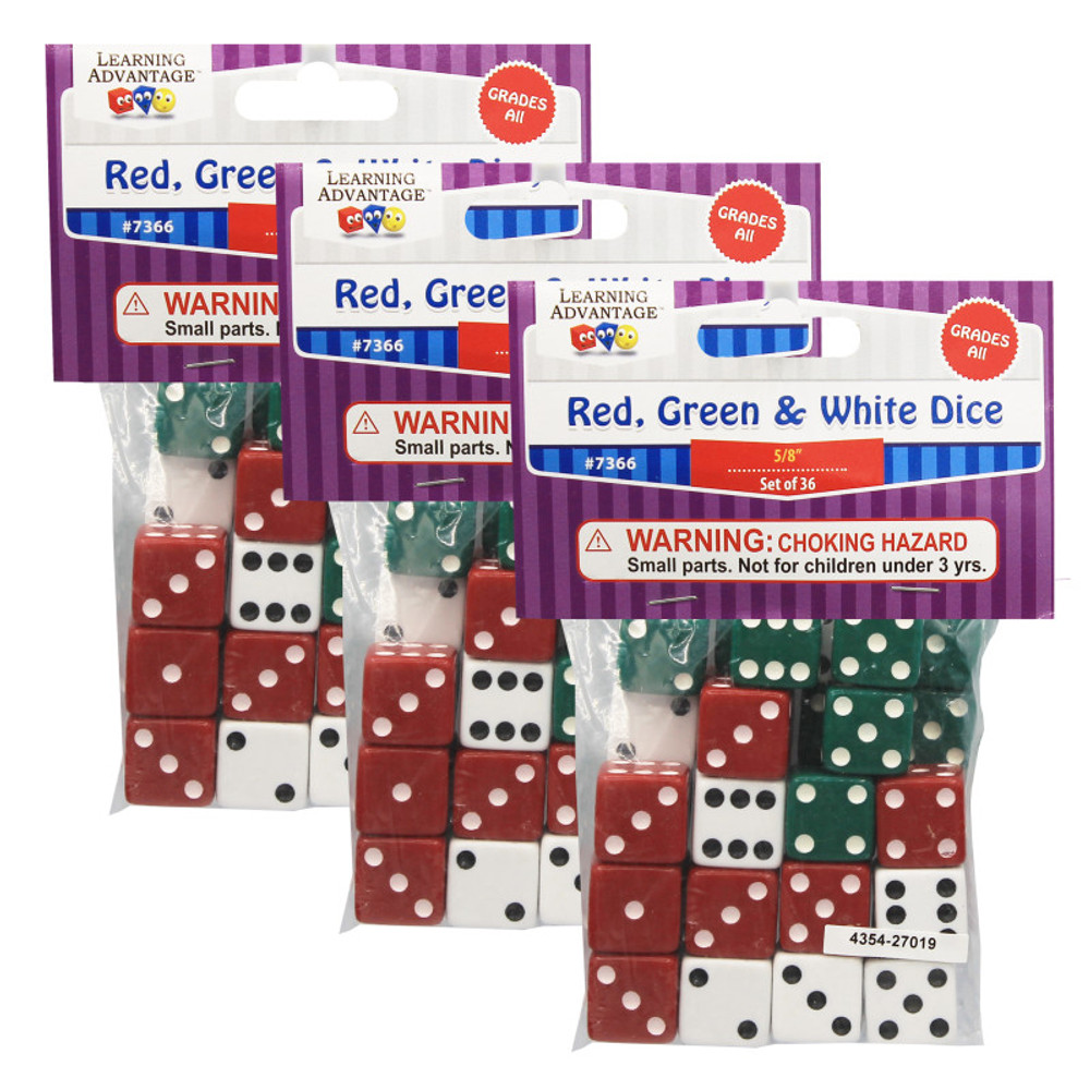 LEARNING ADVANTAGE Learning Advantage® Dot Dice - Red/Green/White - 36 Per Pack, 3 Packs
