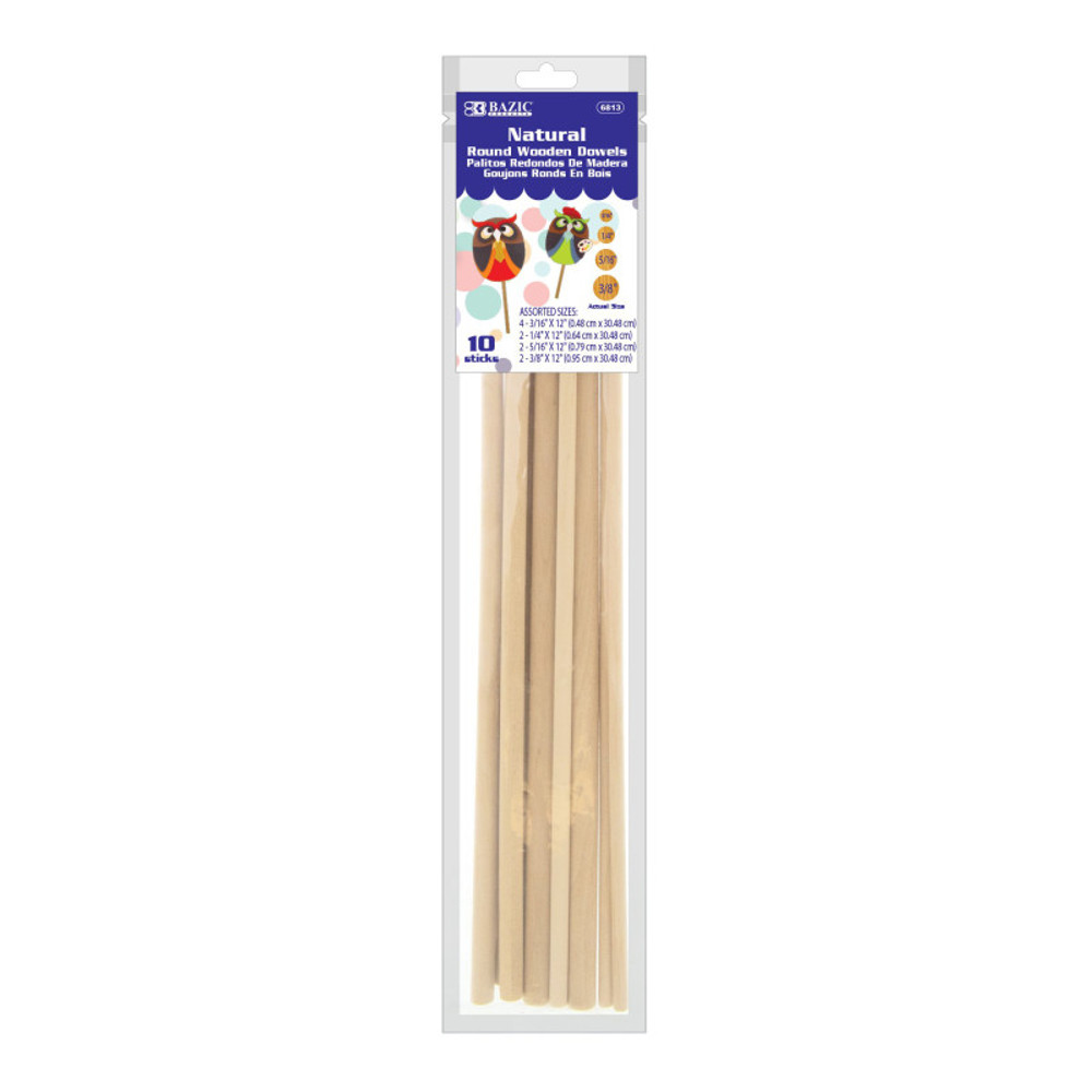 BAZIC PRODUCTS BAZIC Products® Assorted Round Natural Wooden Dowel, Pack of 10