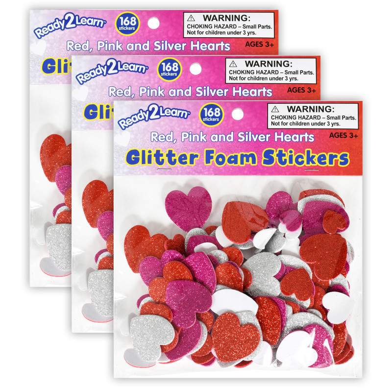 LEARNING ADVANTAGE READY 2 LEARN™ Glitter Foam Stickers - Hearts - Red, Pink and Silver - 168 Per Pack - 3 Packs