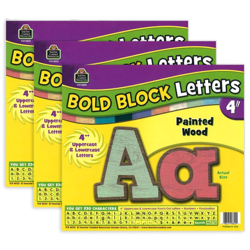 TEACHER CREATED RESOURCES Teacher Created Resources® Painted Wood Design Bold Block 4" Letters Combo Pack, 230 Characters Per Pack, 3 Packs