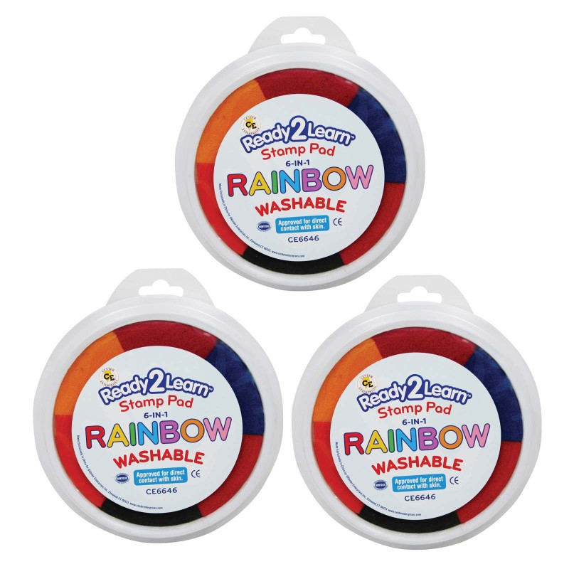 LEARNING ADVANTAGE READY 2 LEARN™ Jumbo 6-in-1 Circular Washable Stamp Pad - Rainbow - 6 Colors - 5.75" dia. - Pack of 3