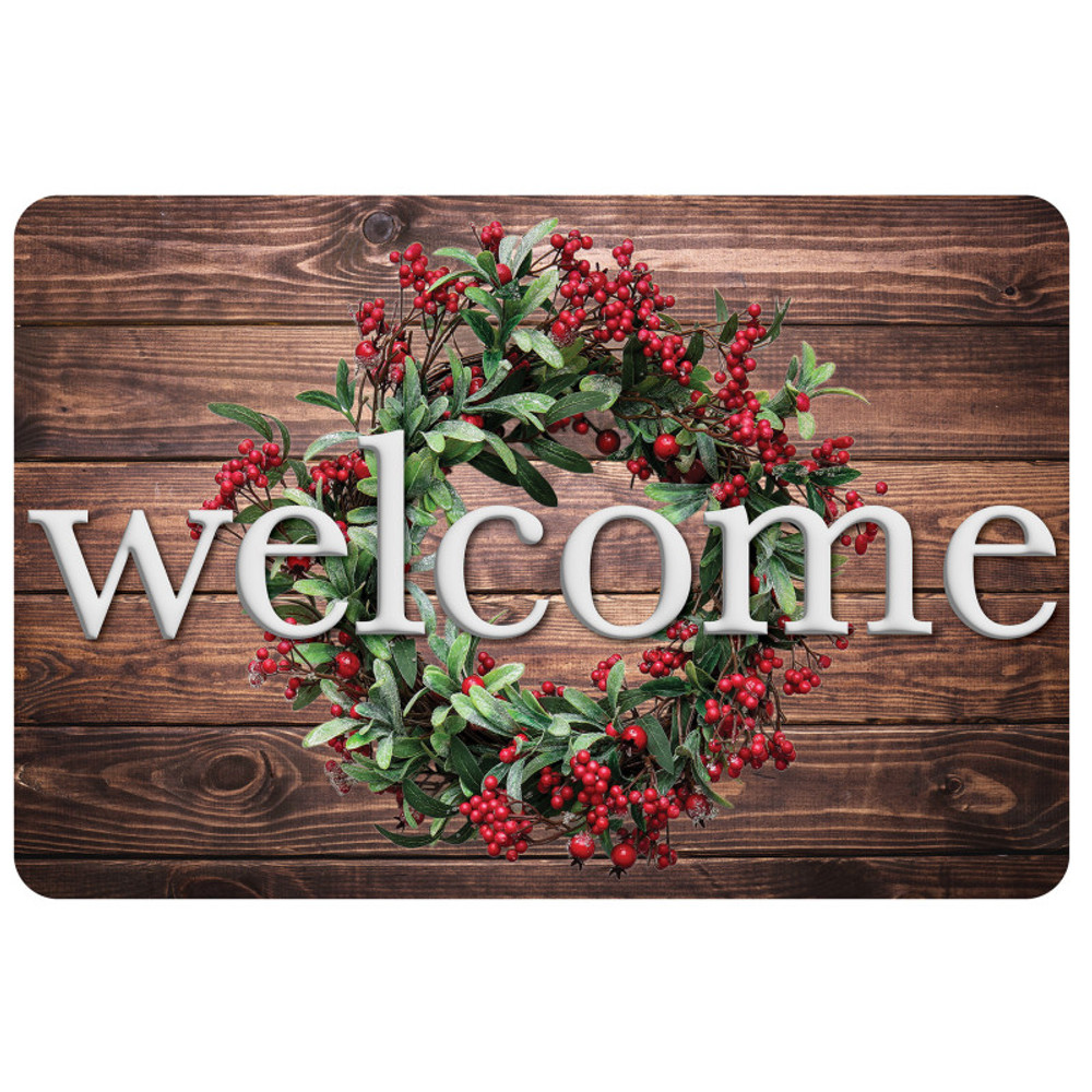 ASHLEY PRODUCTIONS Ashley Productions® The Original Fun Mat™, Welcome Mat, 15.5" x 23.5", Winter Berries Wreath Rustic Wood Welcome ASHLEY PRODUCTIONS Ashley Productions® The Original Fun Mat™, Welcome Mat, 15.5" x 23.5", Winter Berries Wreath Rustic Wood Welcome