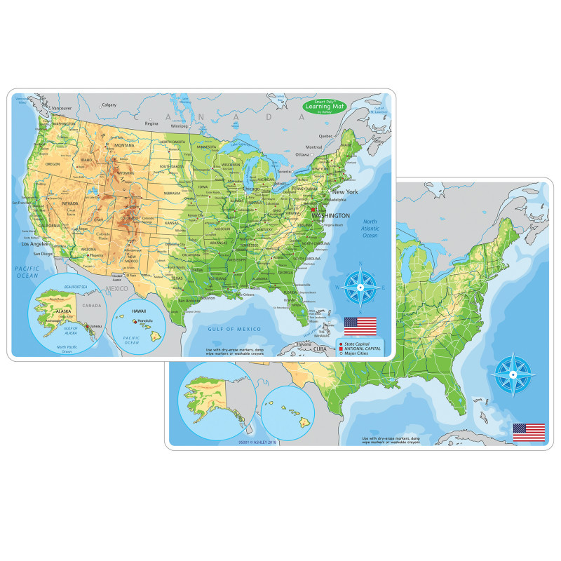 ASHLEY PRODUCTIONS Ashley Productions® Smart Poly™ Learning Mat, 12" x 17", Double-Sided, U.S. Physical Map