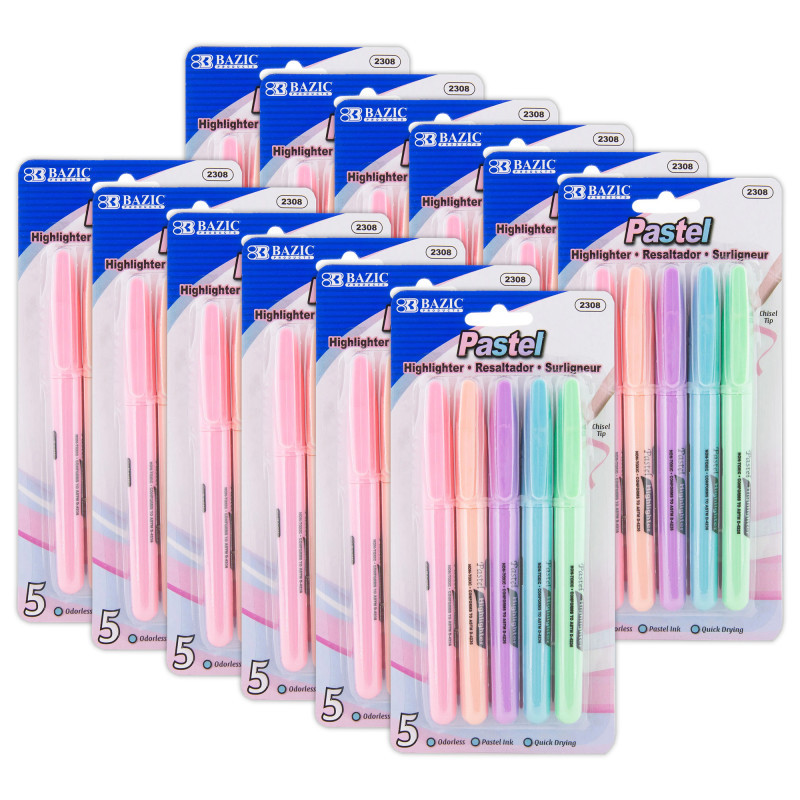 BAZIC PRODUCTS BAZIC Products® Pen Style Highlighter with Pocket Clip, Pastel, 5 Per Pack, 12 Packs