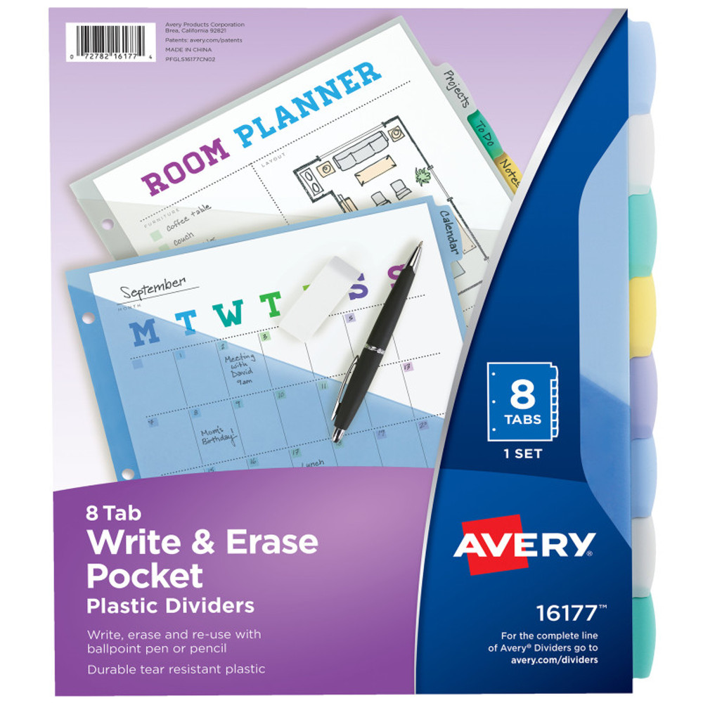 AVERY PRODUCTS CORP Avery® Write & Erase Pocket Plastic Dividers, 8-Tab Set, Multicolor, 1 Set