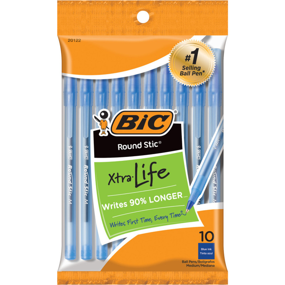 BIC USA INC BIC® Round Stic® Xtra Life Ballpoint Pen, Medium Point (1.0mm), Blue, Pack of 10