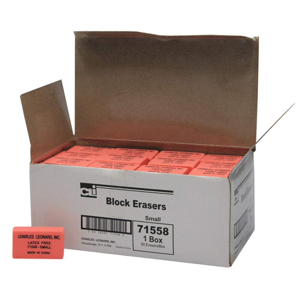 ADVANTUS Charles Leonard Eraser, Synthetic, Latex Free, Block Shape, Small, Pink, Box of 80 ADVANTUS Charles Leonard Eraser, Synthetic, Latex Free, Block Shape, Small, Pink, Box of 80