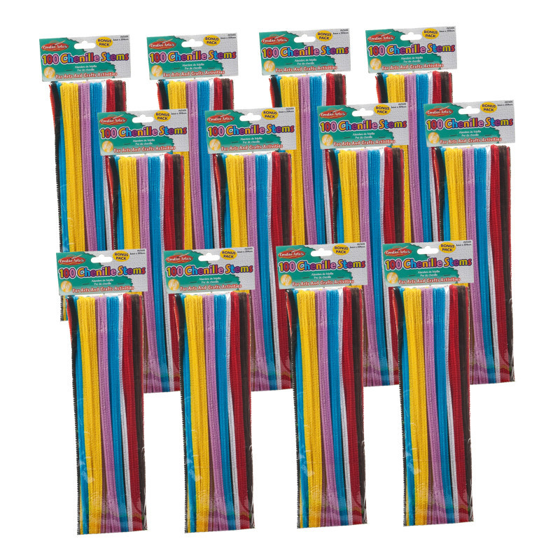 ADVANTUS Charles Leonard Chenille Stems, Jumbo Fluffy Thick Stem, 6mm x 12", Assorted Colors, 100 Per Pack, 12 Packs